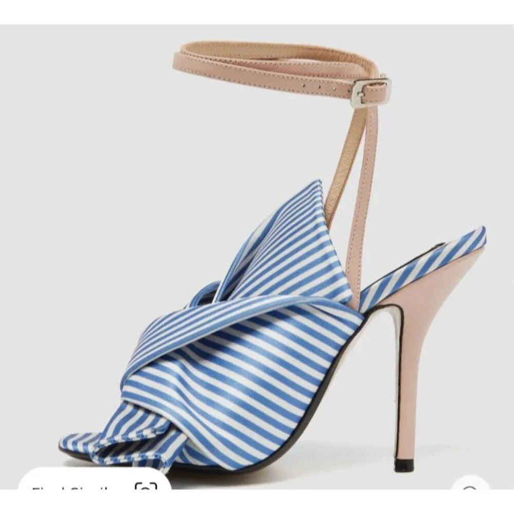 N°21 Tricolor Striped Silk & Leather Knotted Ankle Strap Heels Sandals Sz 38/7.5